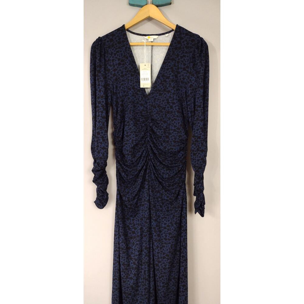 Boden NWT Blue Ruched Jersey V-Neck Long Sleeve Midi Dress Size 10